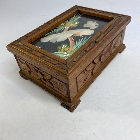 Carved Wood Hinged Trinket Jewelry Box Real Bird Feather Art Lid Vintage 5x7 - Picture 3 of 8